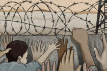 Prisoners' hands raised towards wired walls